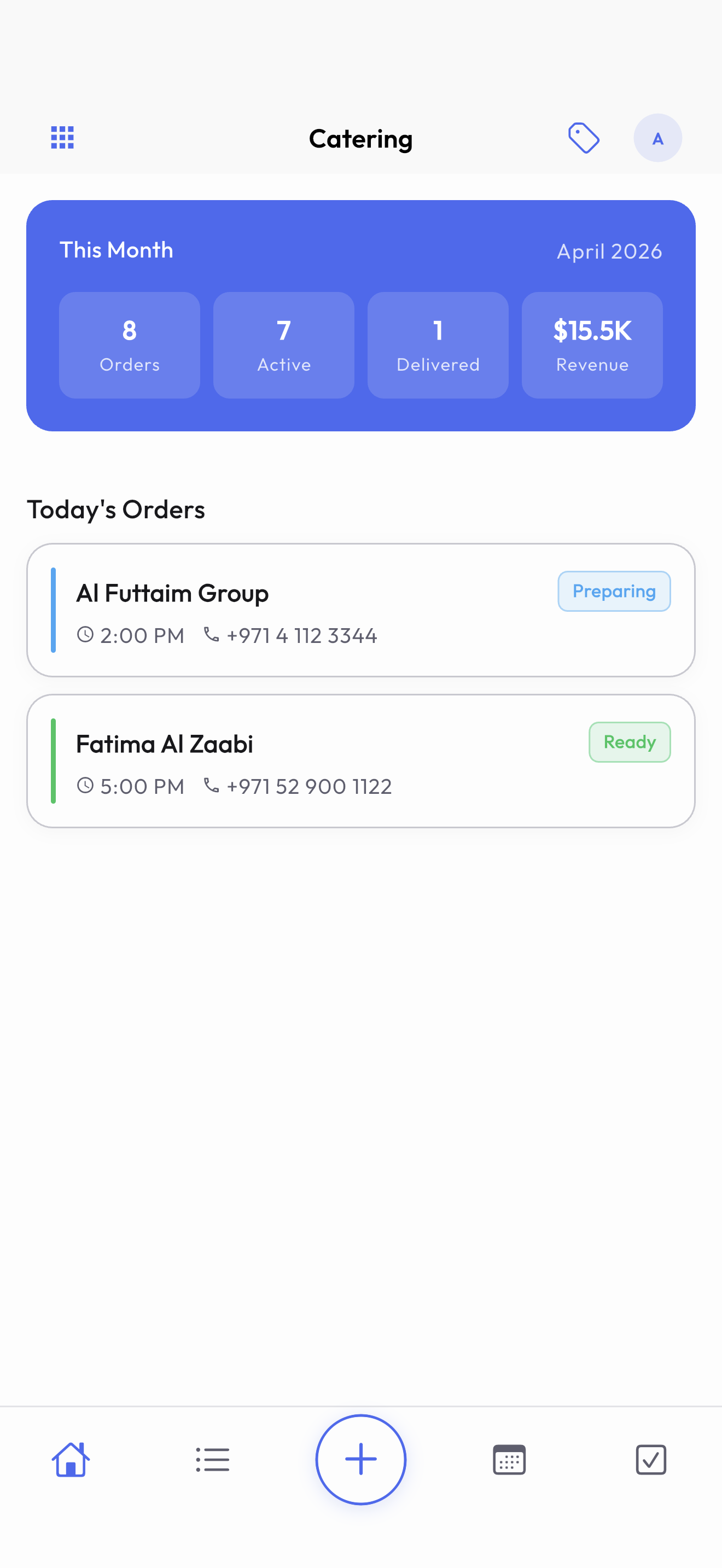 Catering dashboard with monthly stats and today's orders